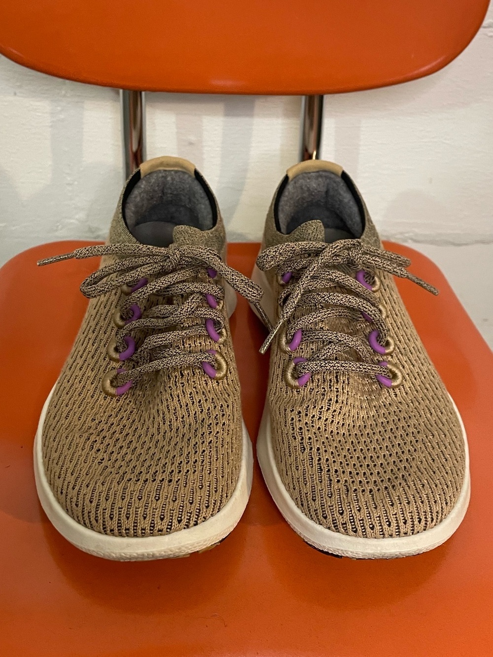 allbirds Tan Knit Sneakers with Purple Eyelets and White Sole